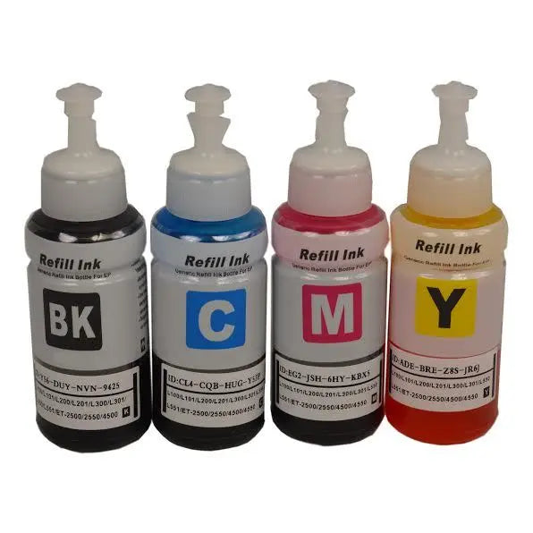 Set of 4 664 Generic Refill Bottles including Black, Cyan, Yellow, and Magenta, each containing 70ml of high-quality USA ink.