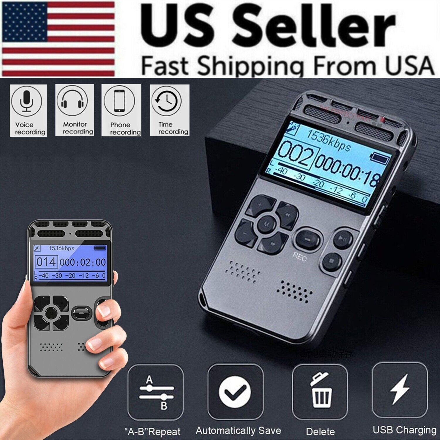 64GB Rechargeable LCD Digital Audio Sound Voice Recorder Dictaphone with USB charging and LCD display.