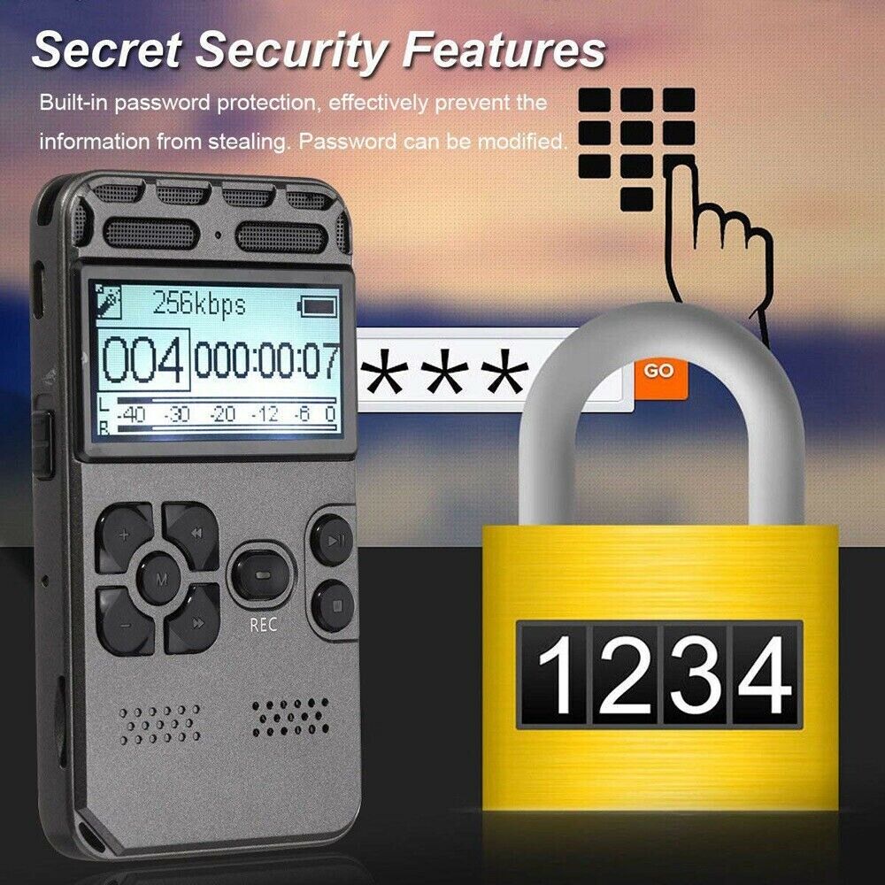 64GB Rechargeable LCD Digital Audio Sound Voice Recorder Dictaphone with USB charging and LCD display.