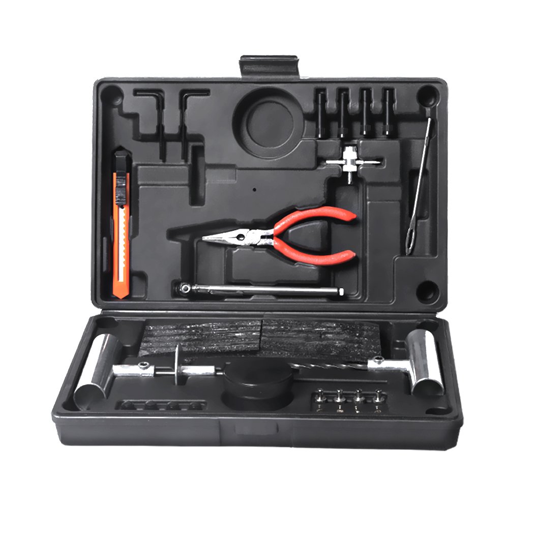 67PCS Tyre Repair Kit with various tools in a sturdy case, designed for emergency puncture repairs on vehicles.