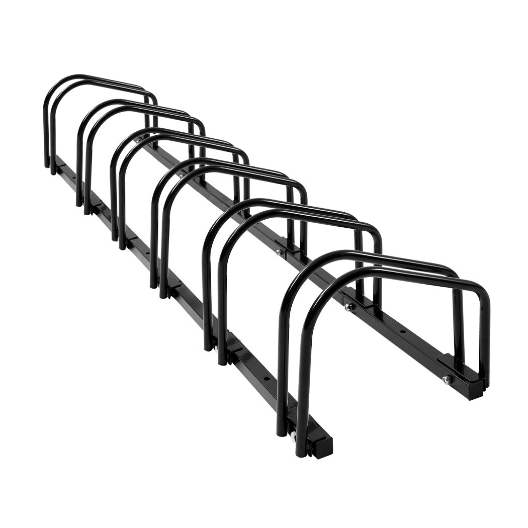 Monvelo 6-Bikes Stand Bicycle Rack in black, showcasing its sturdy steel construction and upright design for efficient bike storage.