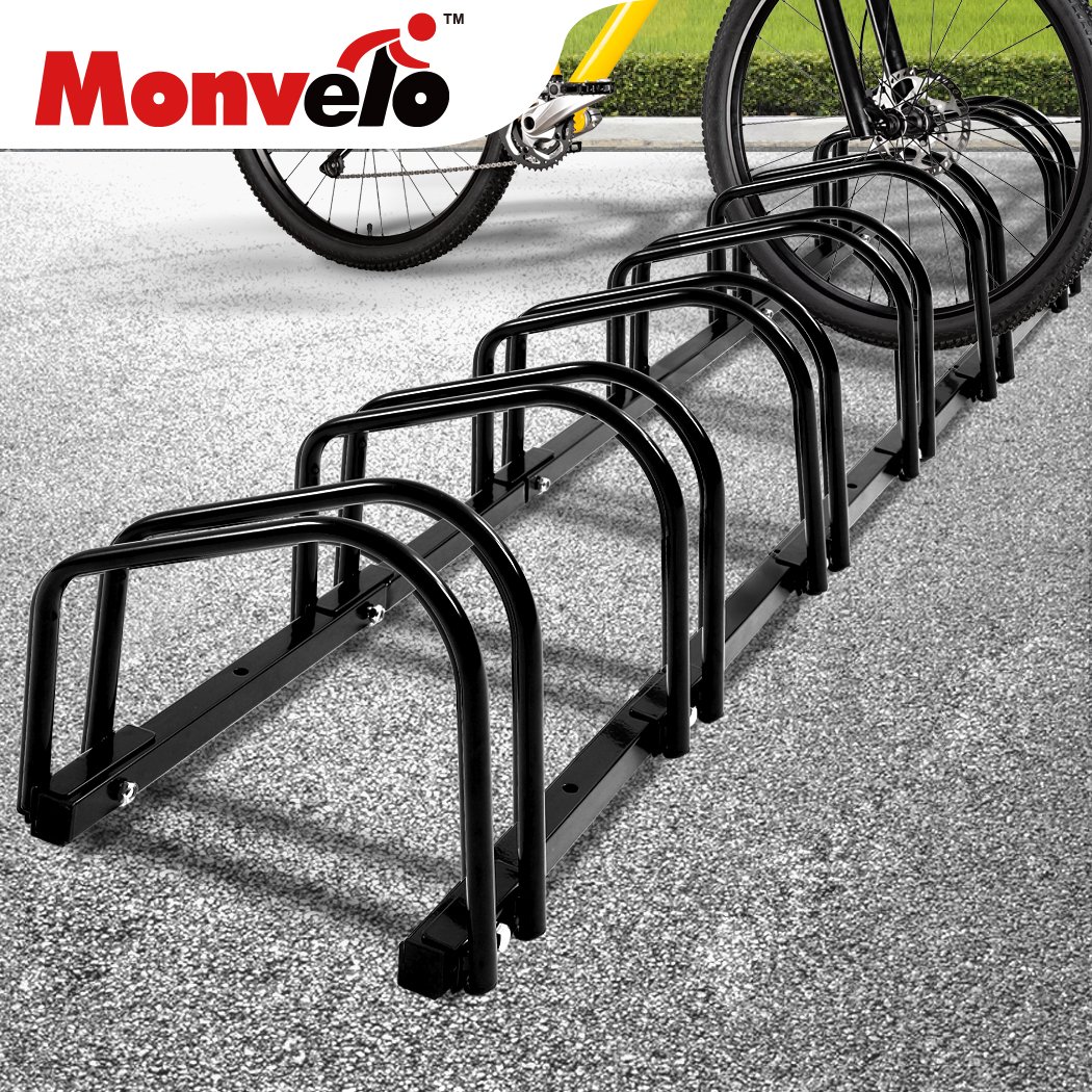 Monvelo 6-Bikes Stand Bicycle Rack in black, showcasing its sturdy steel construction and upright design for efficient bike storage.