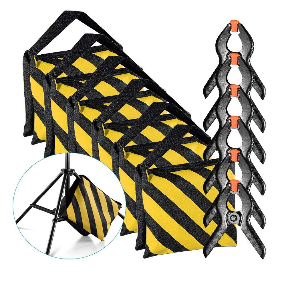 A set of six heavy-duty sandbags designed for stabilizing photo studio light stands and boom arms, showcasing their durable fabric and secure closures.