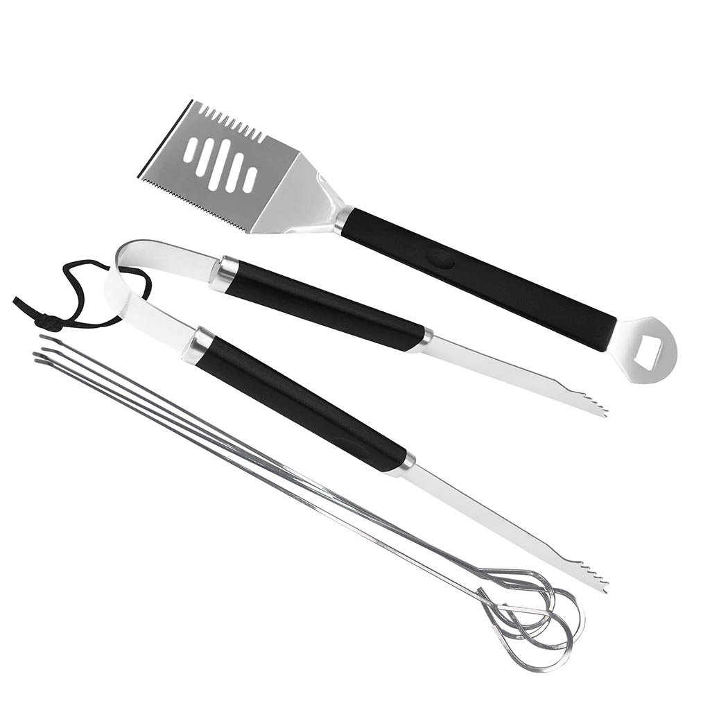 6Pcs BBQ Tool Set featuring stainless steel spatula, tongs, and kebab skewers, ideal for outdoor grilling.
