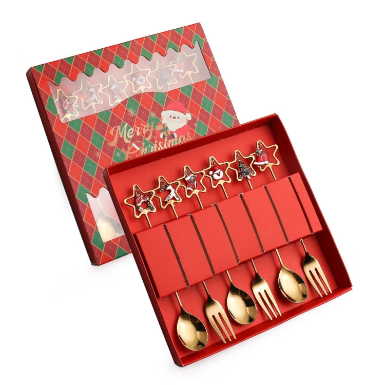 6-piece Christmas stainless steel spoon and fork cutlery gift set with festive design, elegantly packaged in a decorative gift box.