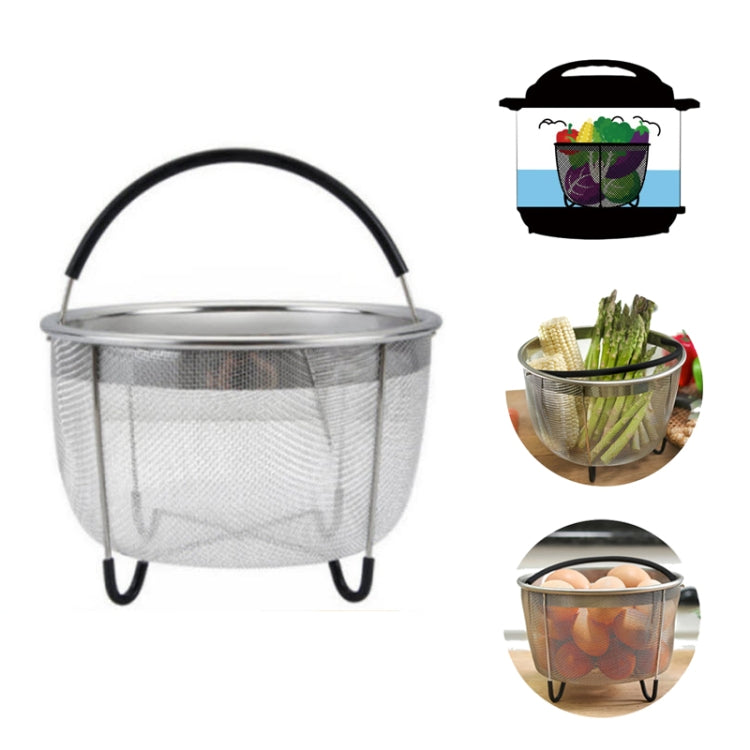 6QT 304 Stainless Steel Steamer Basket with silicone handles, designed for Instant Pot cooking.