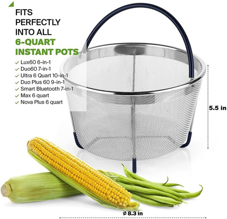 6QT 304 Stainless Steel Steamer Basket with silicone handles, designed for Instant Pot cooking.