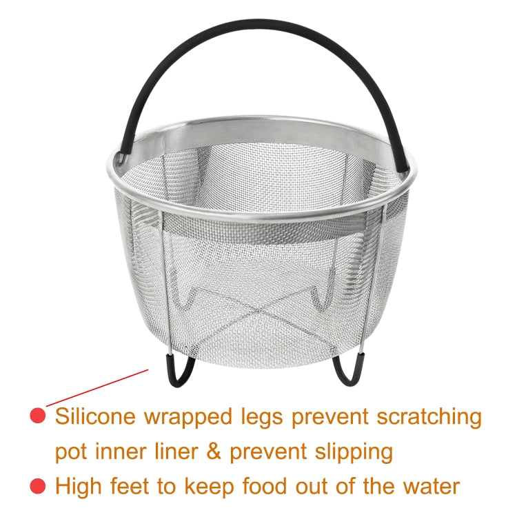 6QT 304 Stainless Steel Steamer Basket with silicone handles, designed for Instant Pot cooking.