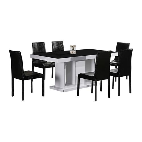7 Pieces Dining Suite featuring a rectangular dining table and 6 black chairs with a high gloss finish in black and white.