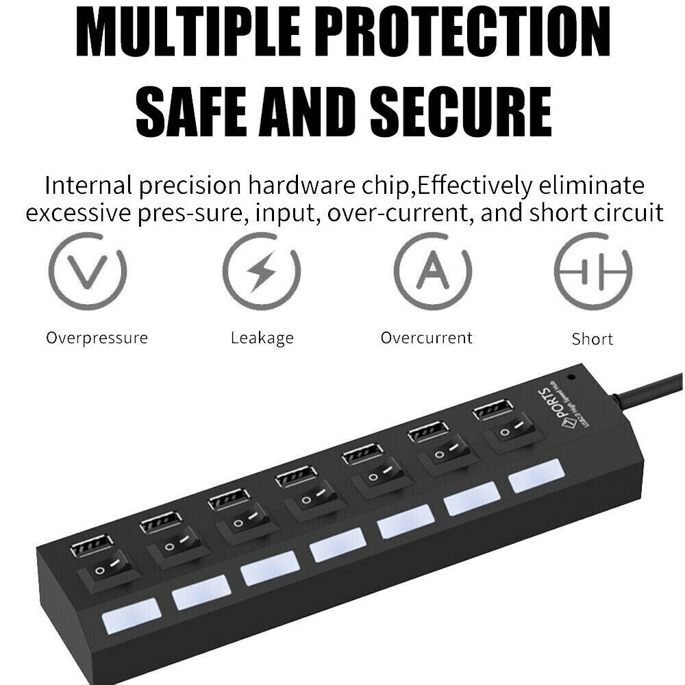 7 Port USB 2.0 / 3.0 Hub Splitter Adapter with multiple ports for connecting devices to PC, Laptop, and Mac.