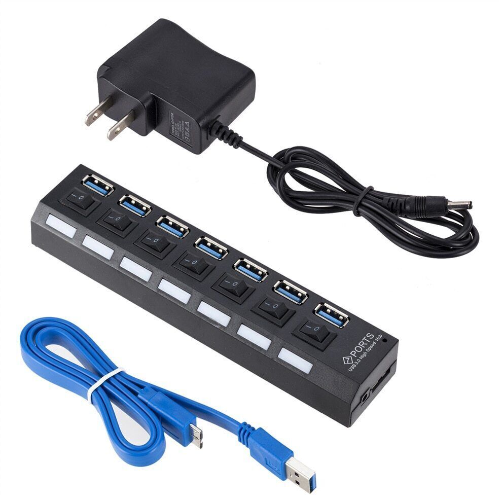 7 Port USB 2.0 / 3.0 Hub Splitter Adapter with multiple ports for connecting devices to PC, Laptop, and Mac.