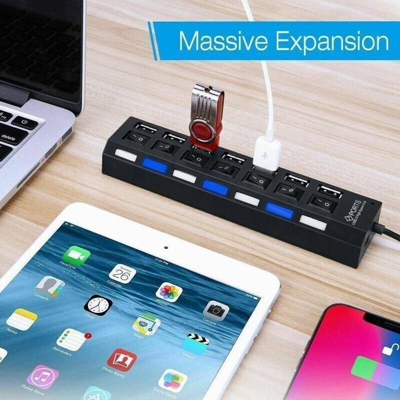 7 Port USB 2.0 / 3.0 Hub Splitter Adapter with multiple ports for connecting devices to PC, Laptop, and Mac.