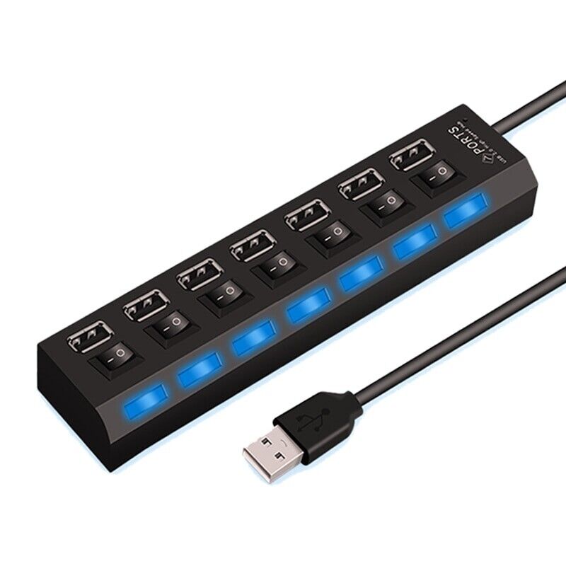 7 Port USB 2.0 / 3.0 Hub Splitter Adapter with multiple ports for connecting devices to PC, Laptop, and Mac.