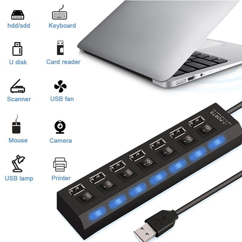 7 Port USB 2.0 / 3.0 Hub Splitter Adapter with multiple ports for connecting devices to PC, Laptop, and Mac.