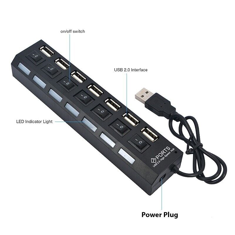 7 Port USB 2.0 / 3.0 Hub Splitter Adapter with multiple ports for connecting devices to PC, Laptop, and Mac.