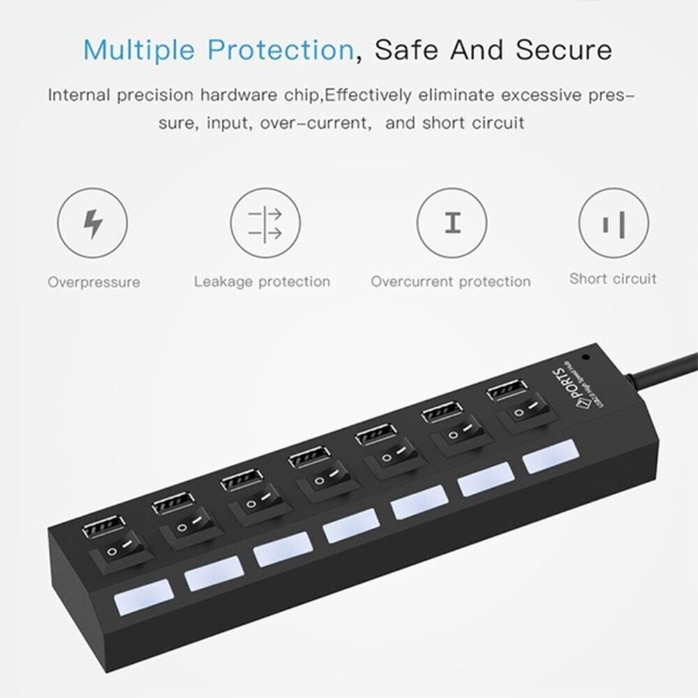 7 Port USB 2.0 / 3.0 Hub Splitter Adapter with multiple ports for connecting devices to PC, Laptop, and Mac.