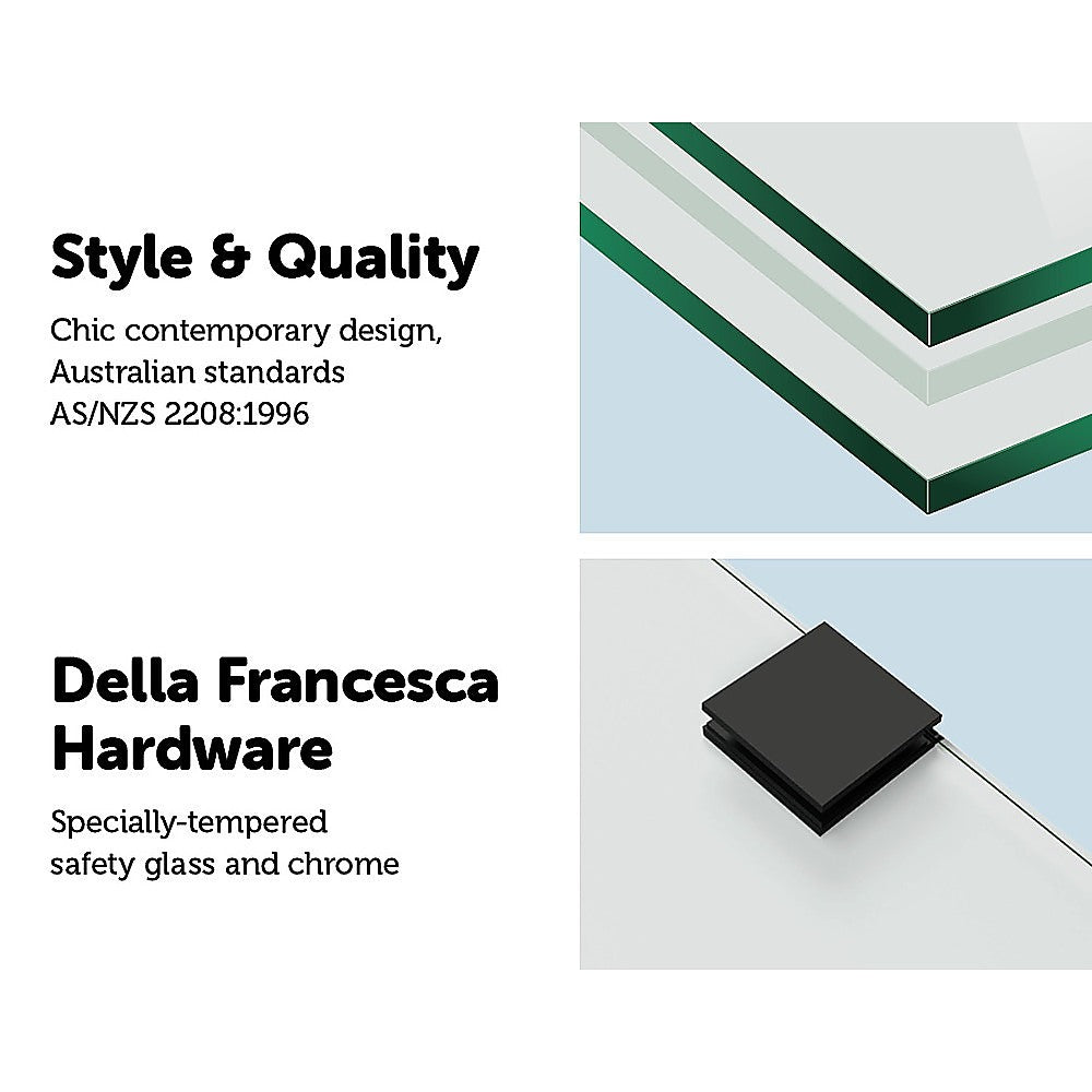 Della 700 x 1450mm Frameless Bath Panel featuring 10mm tempered glass and all black hardware, showcasing a modern and elegant design.