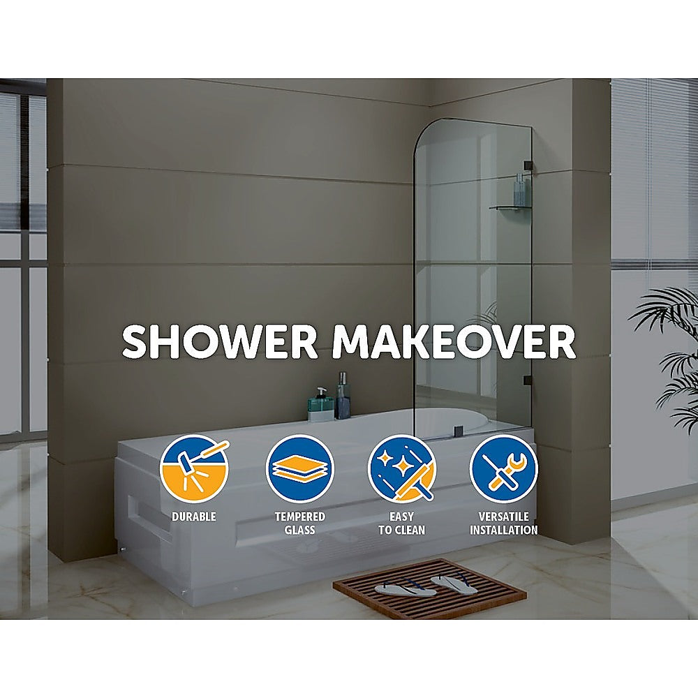 Della 700 x 1450mm Frameless Bath Panel featuring 10mm tempered glass and all black hardware, showcasing a modern and elegant design.