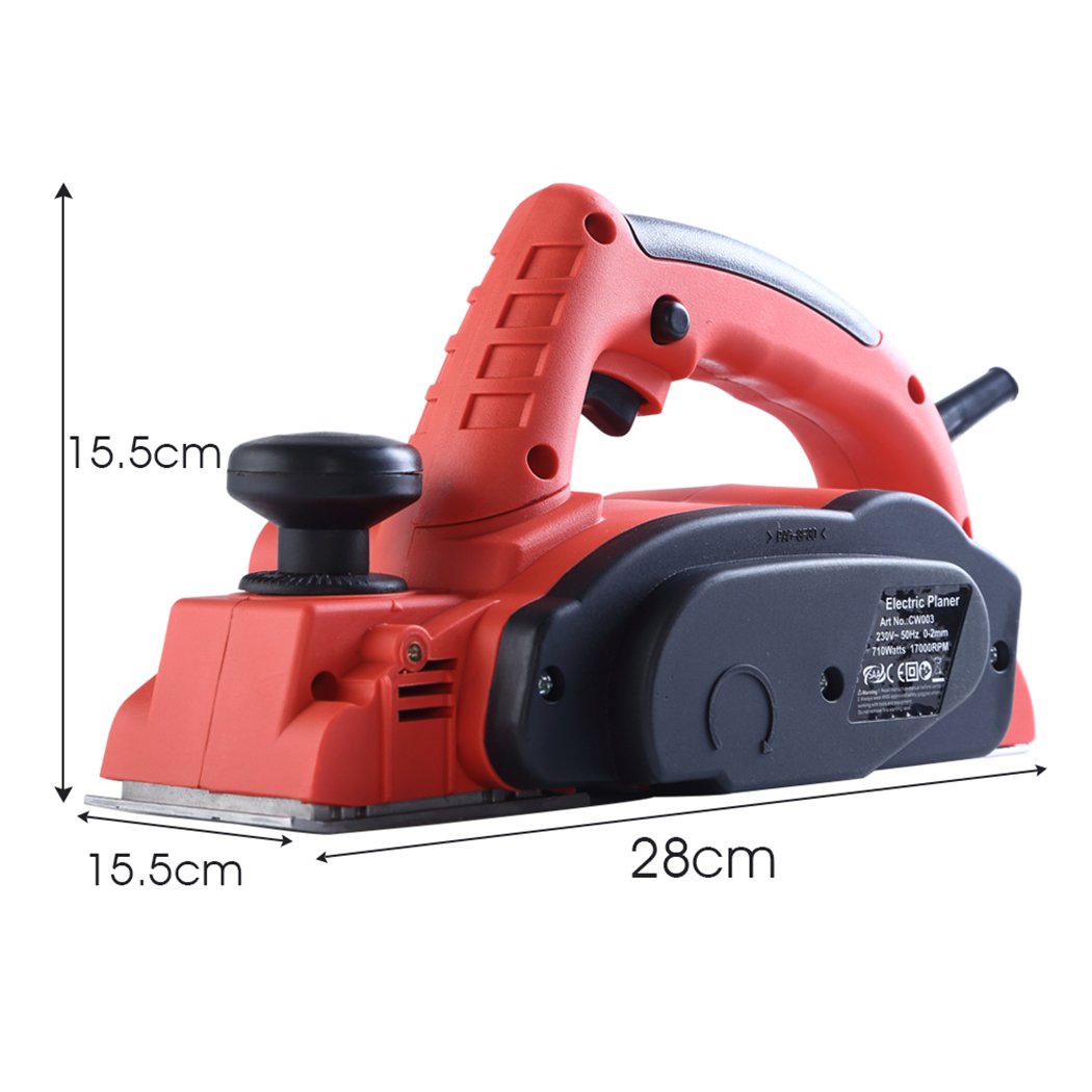A 710W Powerful Electric Wood Planer in red and black, showcasing its aluminum body and adjustable depth feature, ideal for woodworking tasks.