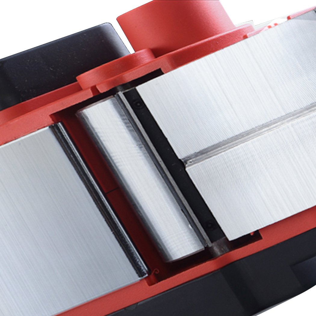 A 710W Powerful Electric Wood Planer in red and black, showcasing its aluminum body and adjustable depth feature, ideal for woodworking tasks.