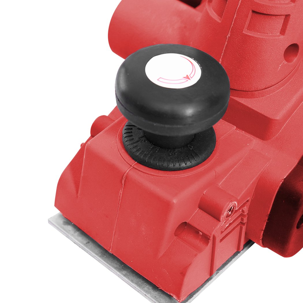 A 710W Powerful Electric Wood Planer in red and black, showcasing its aluminum body and adjustable depth feature, ideal for woodworking tasks.