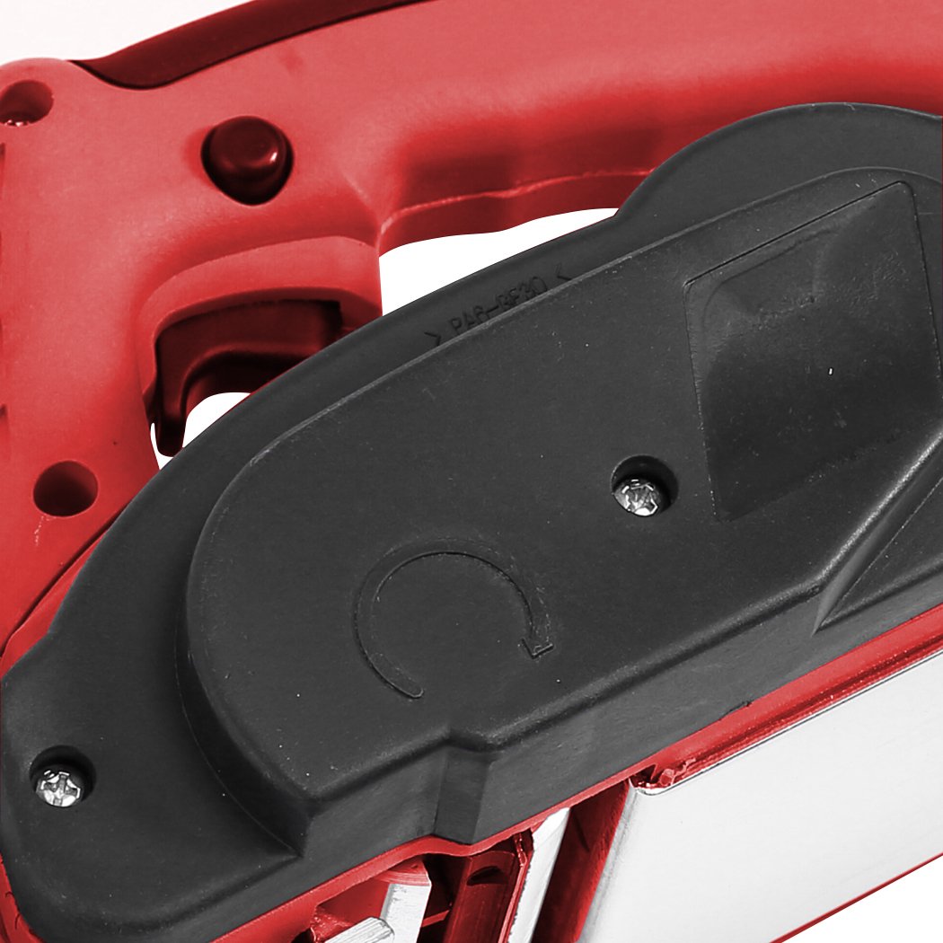 A 710W Powerful Electric Wood Planer in red and black, showcasing its aluminum body and adjustable depth feature, ideal for woodworking tasks.