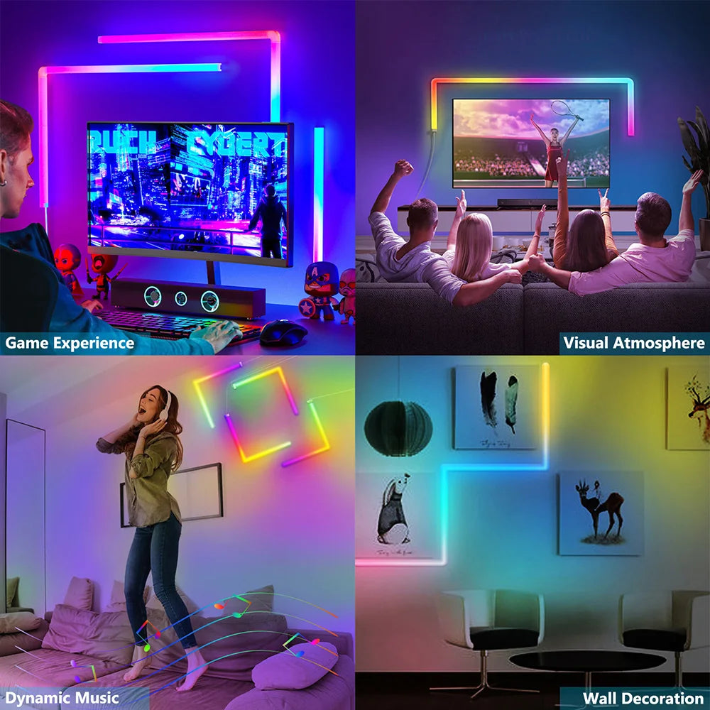 7Pcs Smart Wall Sconces featuring RGBIC LED light bars with music sync capabilities, ideal for home decor and gaming.