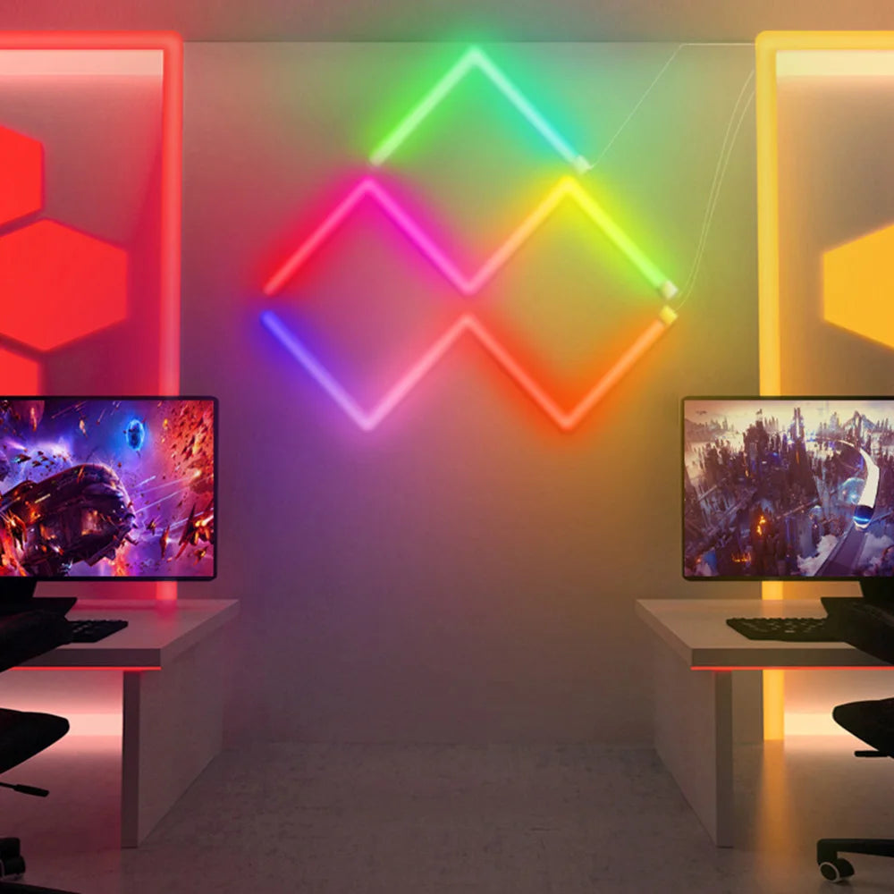 7Pcs Smart Wall Sconces featuring RGBIC LED light bars with music sync capabilities, ideal for home decor and gaming.