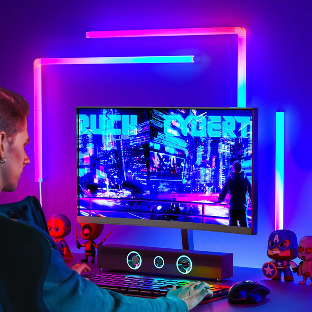 7Pcs Smart Wall Sconces featuring RGBIC LED light bars with music sync capabilities, ideal for home decor and gaming.