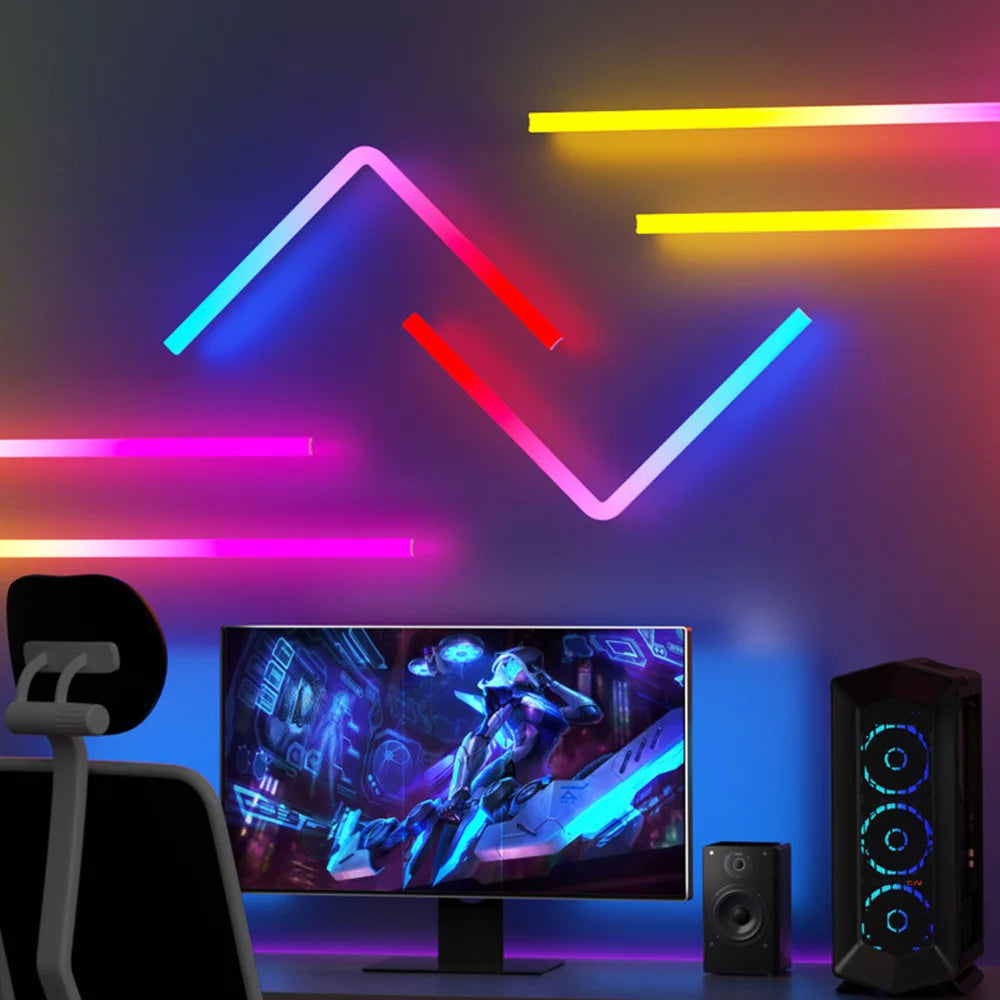 7Pcs Smart Wall Sconces featuring RGBIC LED light bars with music sync capabilities, ideal for home decor and gaming.