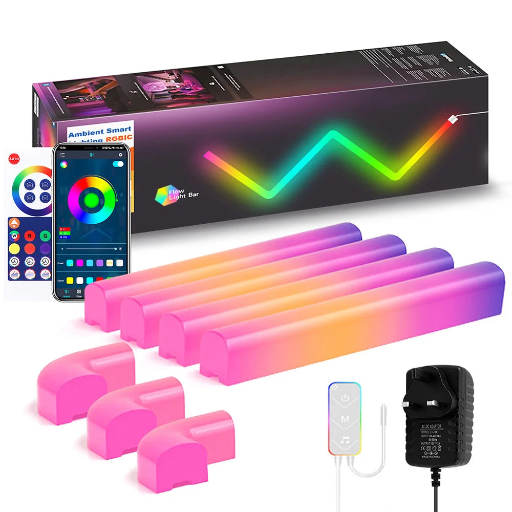 7Pcs Smart Wall Sconces featuring RGBIC LED light bars with music sync capabilities, ideal for home decor and gaming.