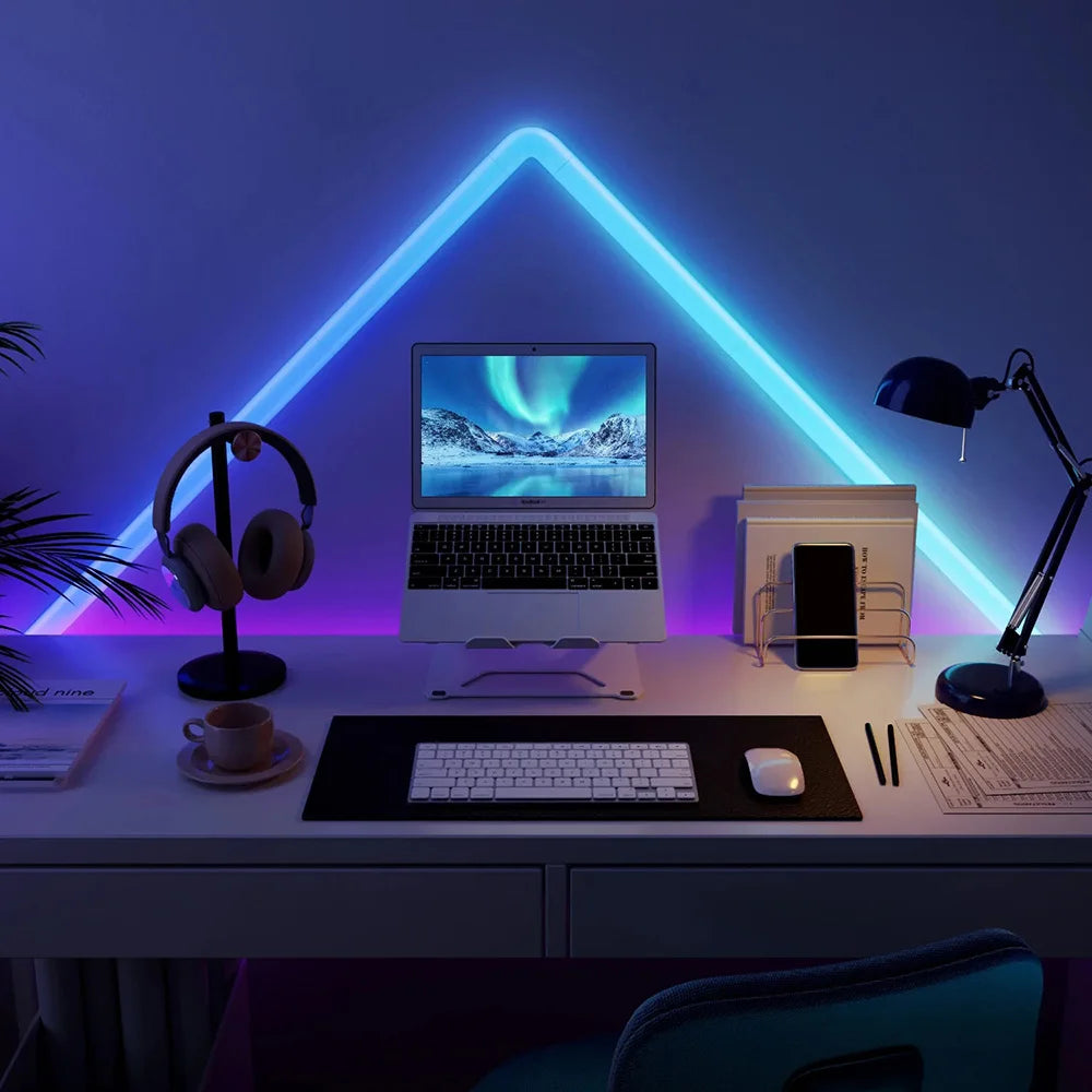 7Pcs Smart Wall Sconces featuring RGBIC LED light bars with music sync capabilities, ideal for home decor and gaming.