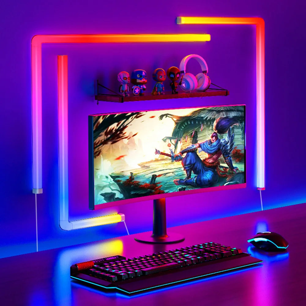 7Pcs Smart Wall Sconces featuring RGBIC LED light bars with music sync capabilities, ideal for home decor and gaming.