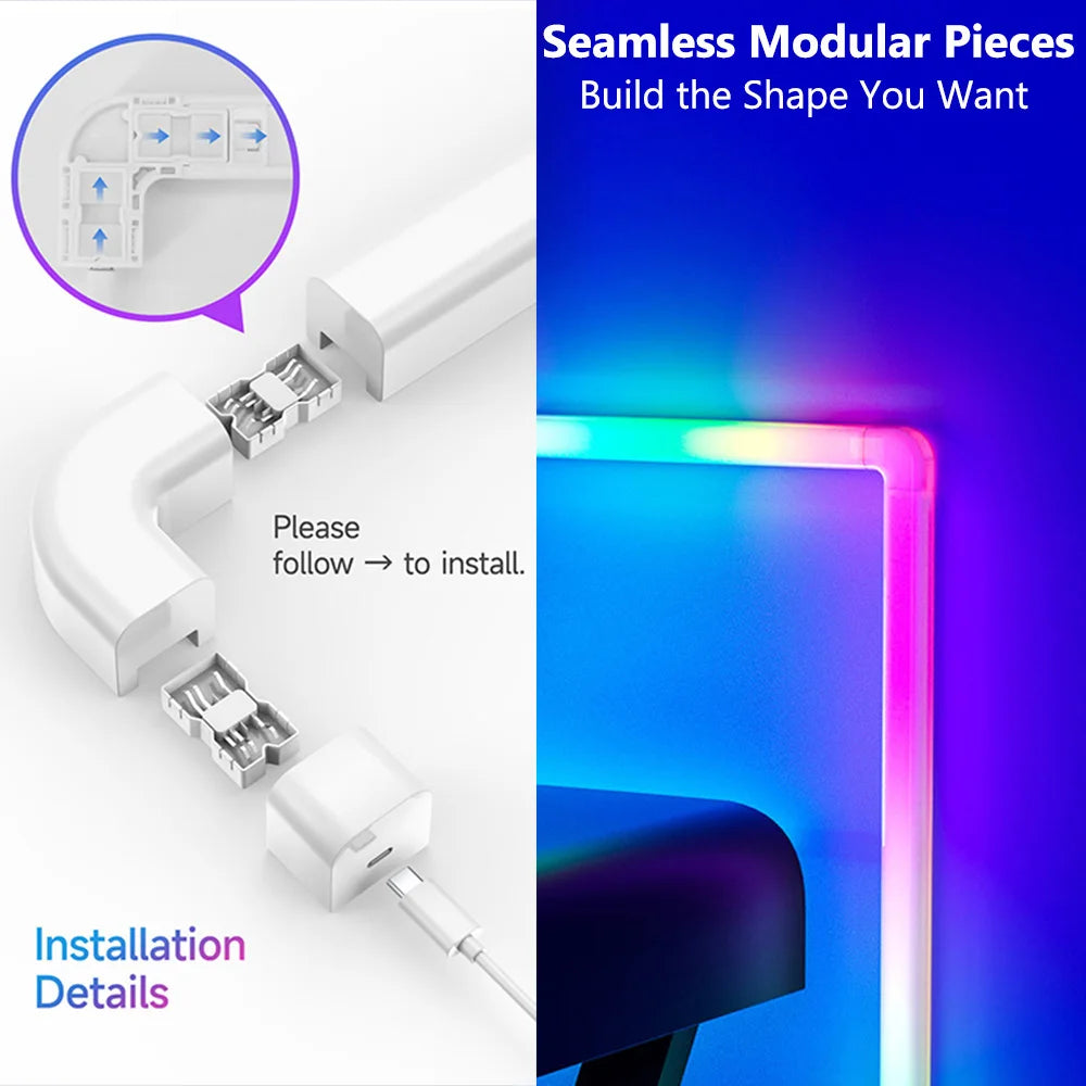 7Pcs Smart Wall Sconces featuring RGBIC LED light bars with music sync capabilities, ideal for home decor and gaming.