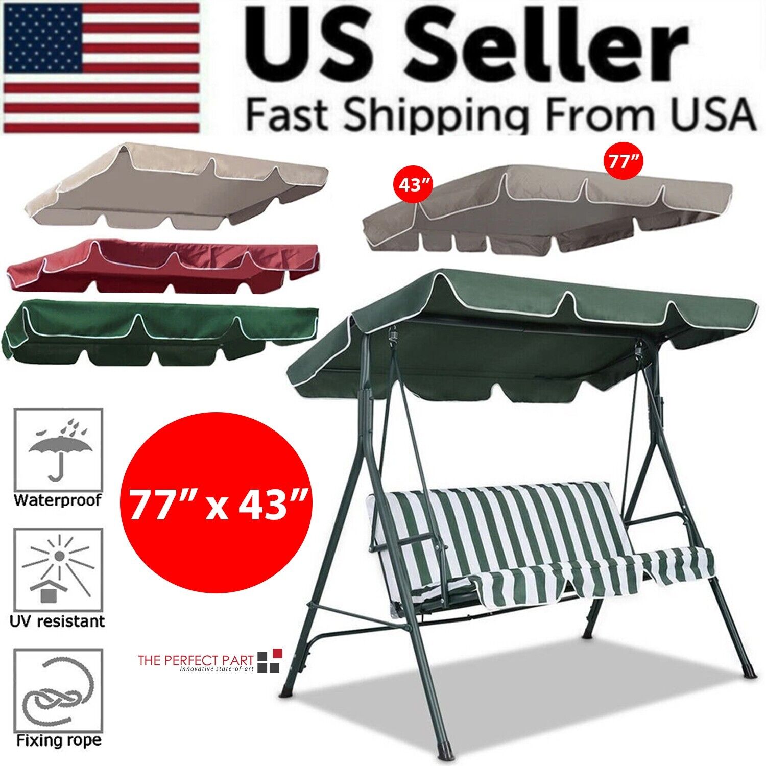 77x43 Patio Outdoor Garden Swing Canopy Replacement in various colors, showcasing its stylish scalloped edge and durable material.