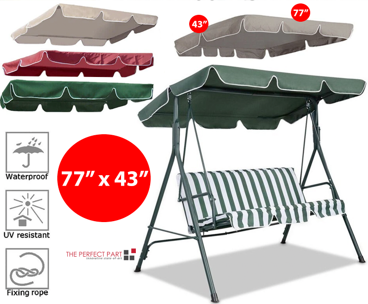 77x43 Patio Outdoor Garden Swing Canopy Replacement in various colors, showcasing its stylish scalloped edge and durable material.