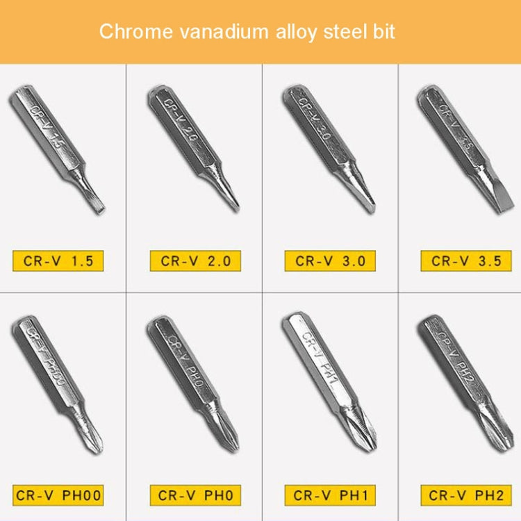 8 In 1 Screwdriver featuring aluminum alloy body and chrome vanadium steel bits, compact design with magnetic tip and storage for interchangeable bits.