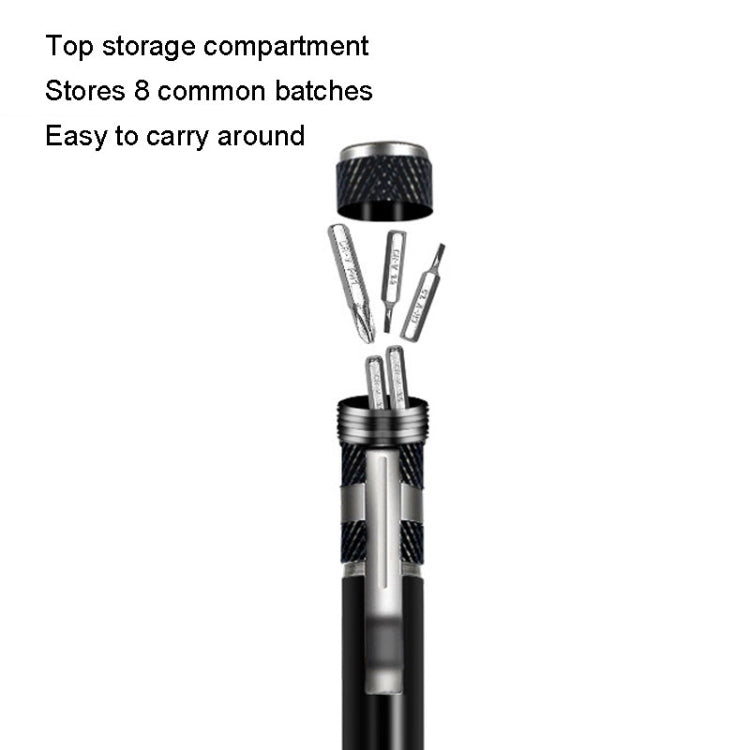 8 In 1 Screwdriver featuring aluminum alloy body and chrome vanadium steel bits, compact design with magnetic tip and storage for interchangeable bits.