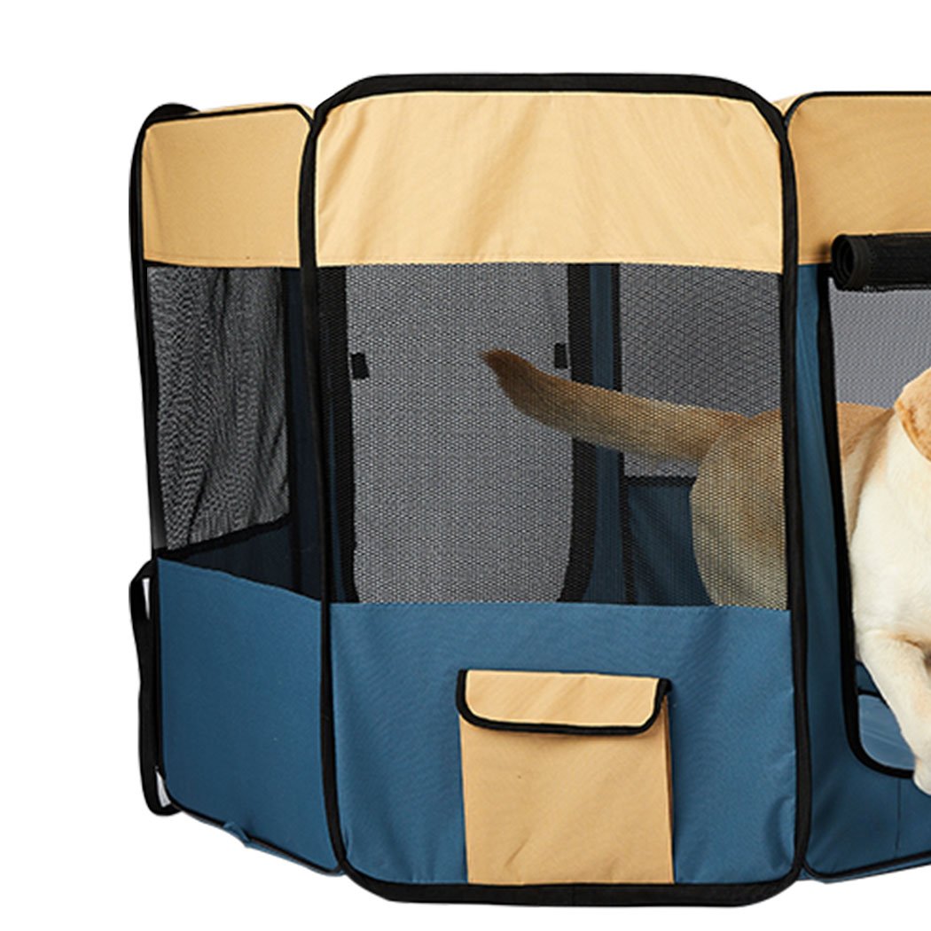 Blue 8 Panel Pet Playpen for dogs and puppies, featuring durable mesh windows and a spacious design for safe play.