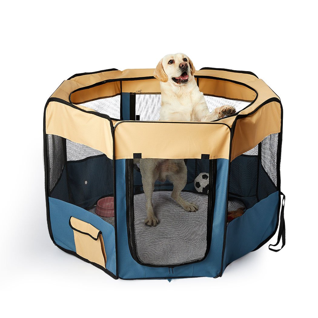 8 Panel Pet Playpen in blue, featuring durable mesh windows and a collapsible design for easy transport and setup.
