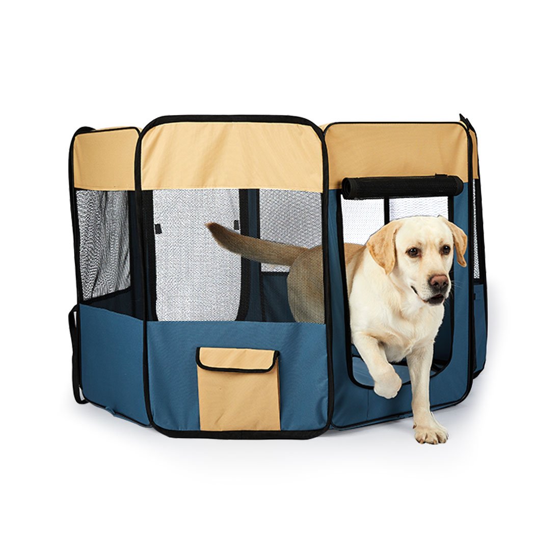 8 Panel Pet Playpen in blue, featuring durable mesh windows and a collapsible design for easy transport and setup.