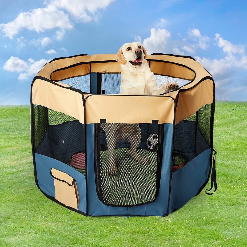 8 Panel Pet Playpen in blue, featuring durable mesh windows and a collapsible design for easy transport and setup.