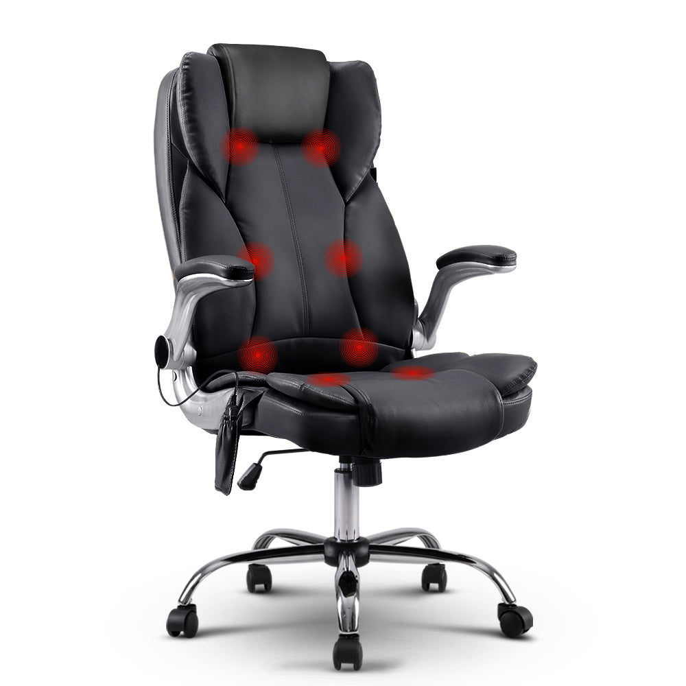 8 Point PU Leather Massage Chair in black with remote control, showcasing its ergonomic design and premium materials.