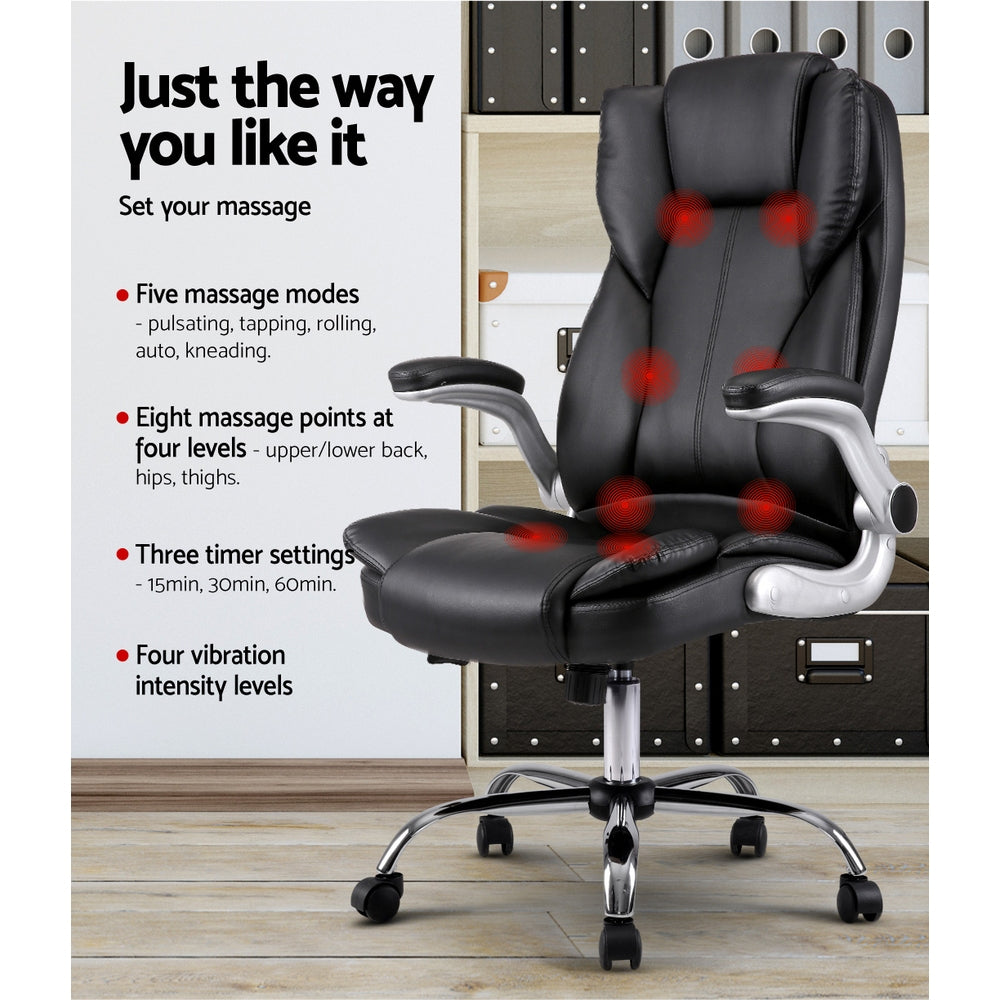 8 Point PU Leather Massage Chair in black with remote control, showcasing its ergonomic design and premium materials.