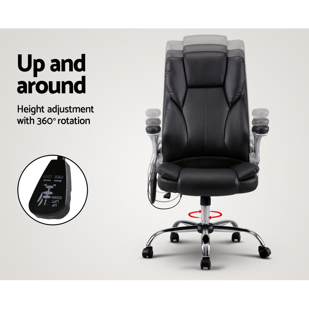 8 Point PU Leather Massage Chair in black with remote control, showcasing its ergonomic design and premium materials.