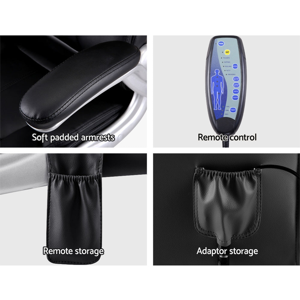 8 Point PU Leather Massage Chair in black with remote control, showcasing its ergonomic design and premium materials.