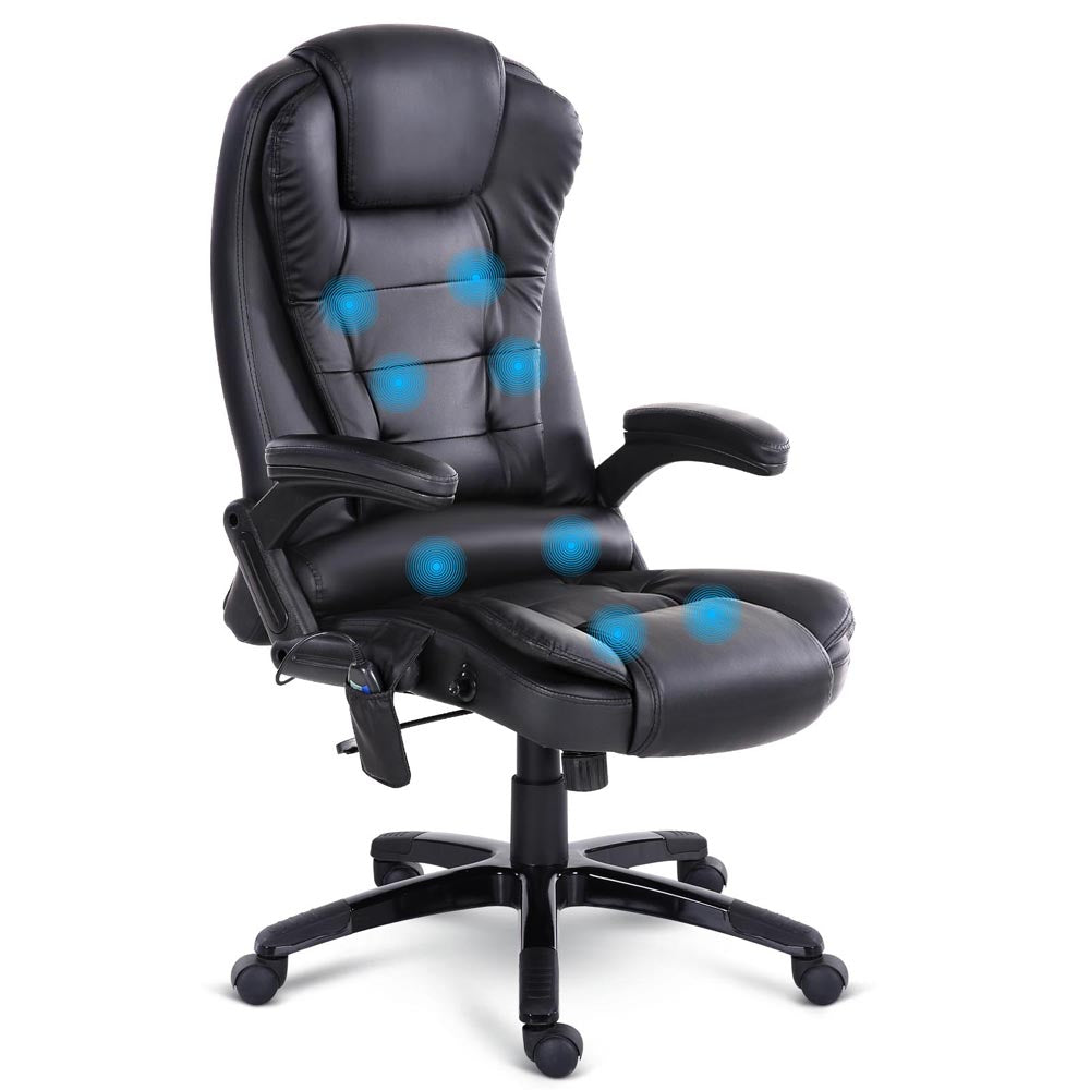 8 Point PU Leather Reclining Massage Chair in black with remote control, showcasing its ergonomic design and luxurious faux leather upholstery.