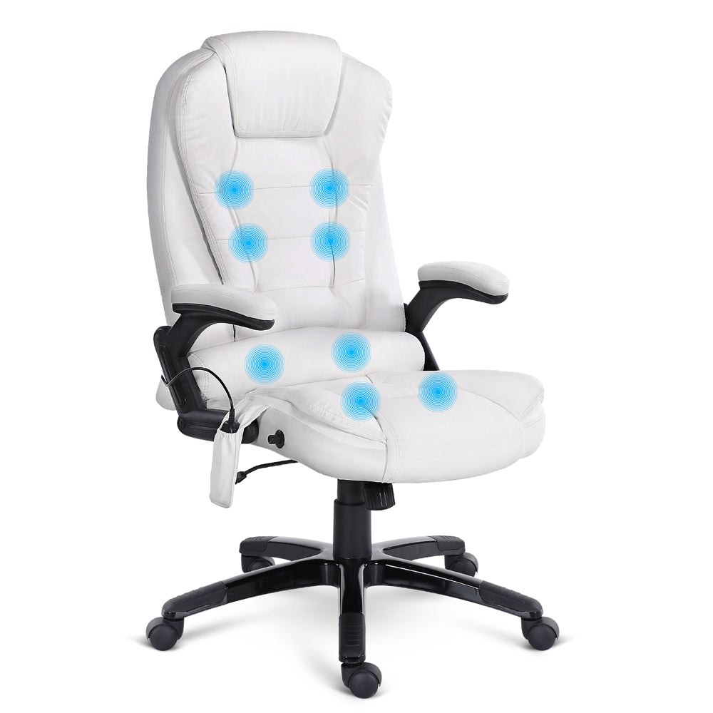 White 8 Point PU Leather Reclining Massage Chair with remote control and ergonomic design.