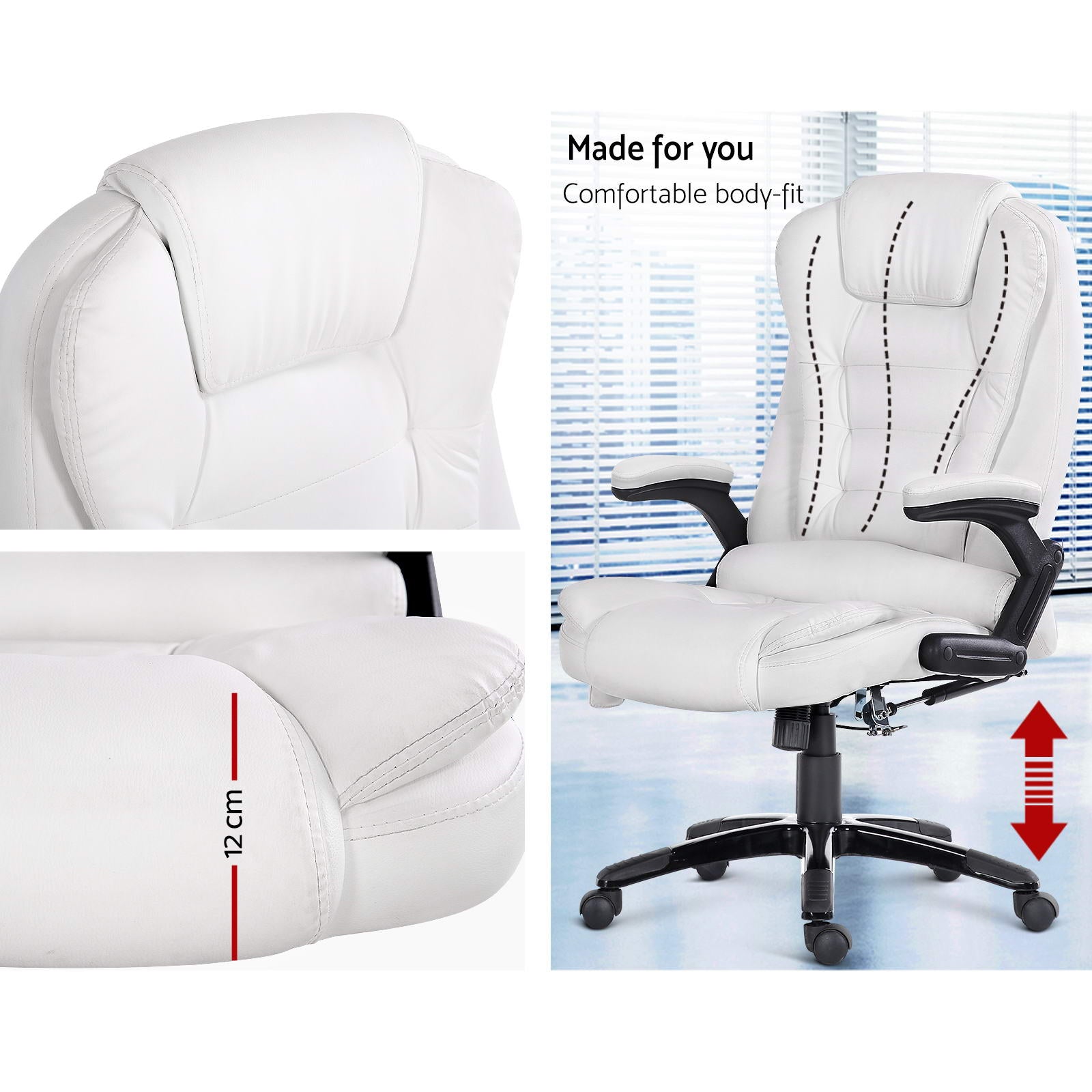White 8 Point PU Leather Reclining Massage Chair with remote control and ergonomic design.