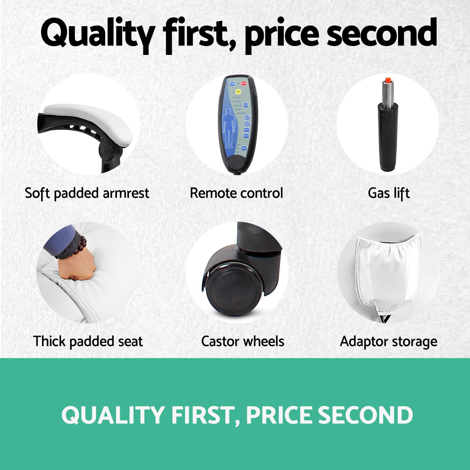 White 8 Point PU Leather Reclining Massage Chair with remote control and ergonomic design.